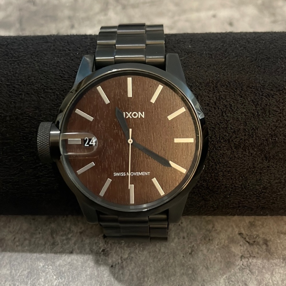 Mens Nixon The Chronicle All Black Stainless Steel Watch With Brown Face